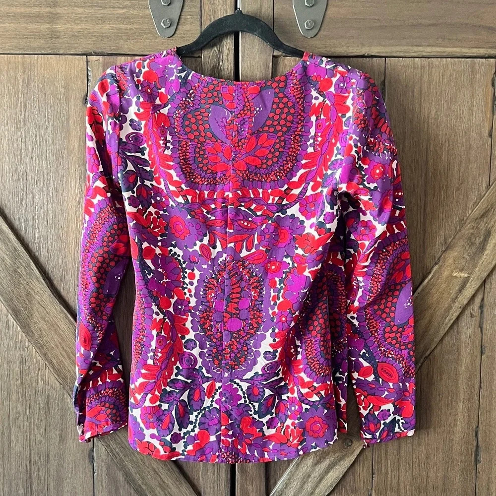 Trina Turk 100% Silk Floral Faux Wrap Blouse Red/Purple Size Small EUC - Picture 2 of 5